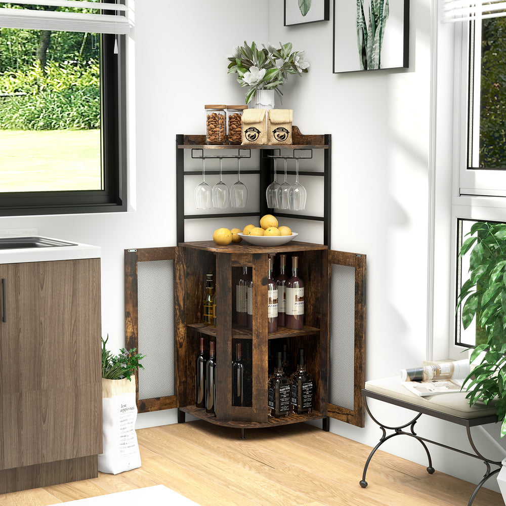 Industrial Corner Bar Cabinet with Glass Holder and Adjustable Shelf-Rustic Brown - Gallery View 1 of 10