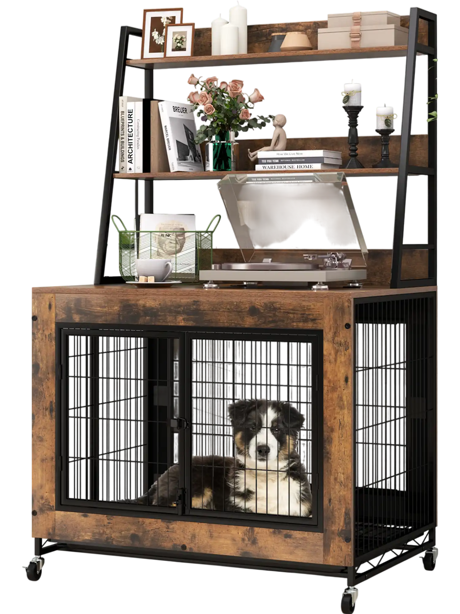 Costway Industrial Dog Kennel Crate Furniture w/ Storage Shelves Rustic Brown 784261395 New