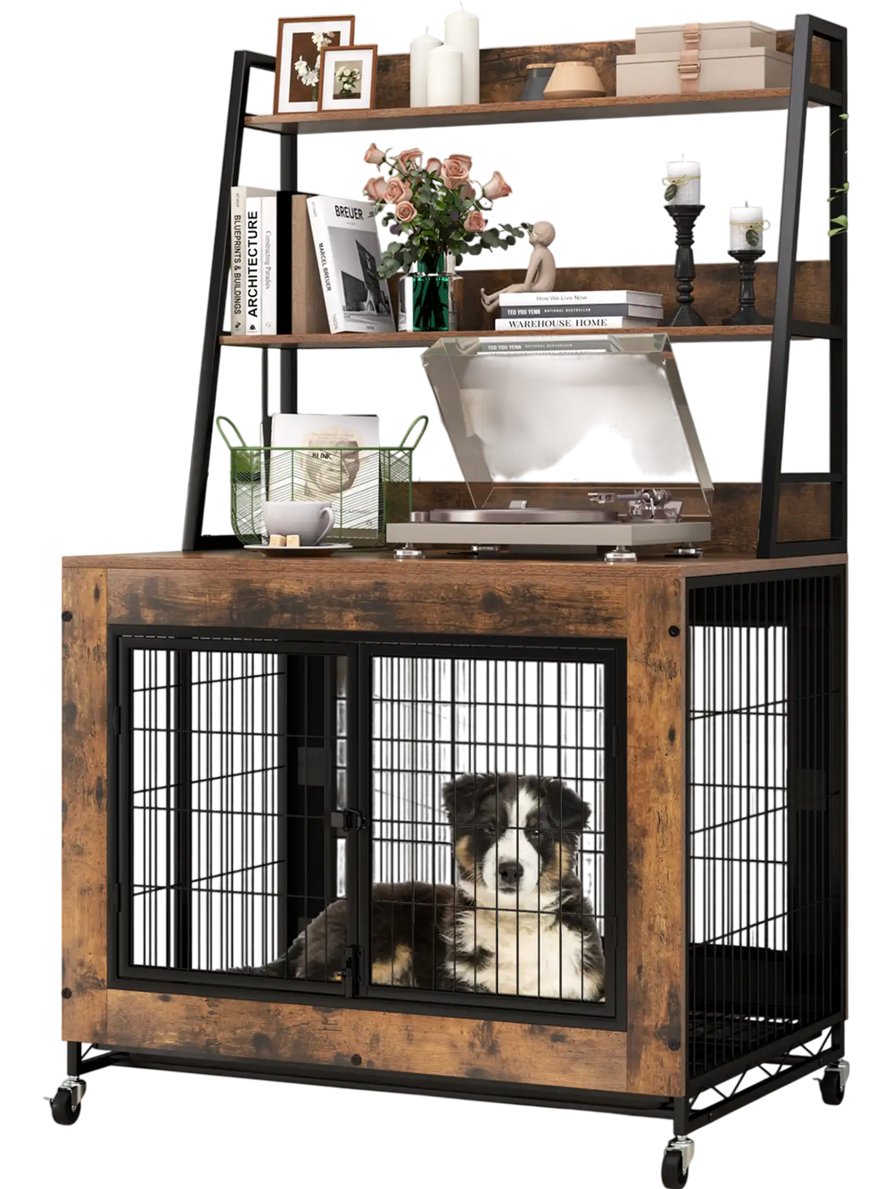 Industrial dog kennel furniture in rustic brown with storage shelves, featuring a flip-up top and pull-out tray for.