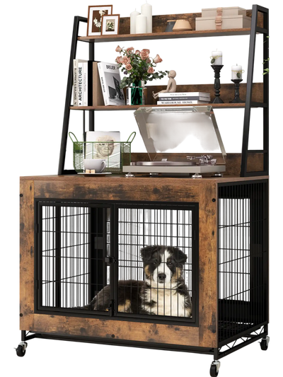 Costway Industrial Dog Kennel Crate Furniture w/ Storage Shelves Rustic Brown 784261395 New
