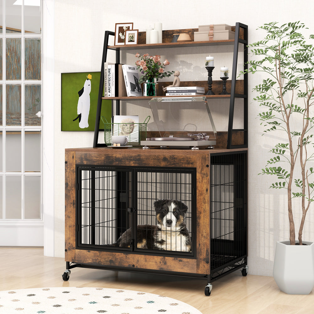 Industrial Dog Kennel Dog Crate Furniture with Storage Shelves-Rustic Brown - Gallery View 1 of 10