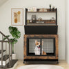 Industrial dog kennel furniture in rustic brown with storage shelves, featuring a flip-up top and three access doors.