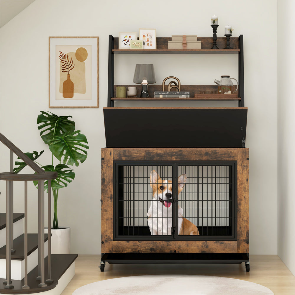 Industrial dog kennel furniture in rustic brown with storage shelves, featuring a flip-up top and three access doors.
