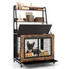 Industrial dog kennel crate in rustic brown with storage shelves, featuring a flip-up top and pull-out tray for easy.
