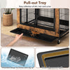 Pull-out tray for easy cleaning of dirt and urine in the rustic brown industrial dog kennel with storage shelves.
