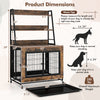 Industrial dog kennel crate in rustic brown with storage shelves, pull-out tray, and locking system for safety.