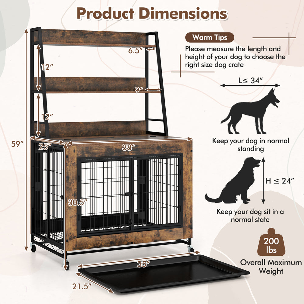 Industrial dog kennel crate in rustic brown with storage shelves, pull-out tray, and locking system for safety.