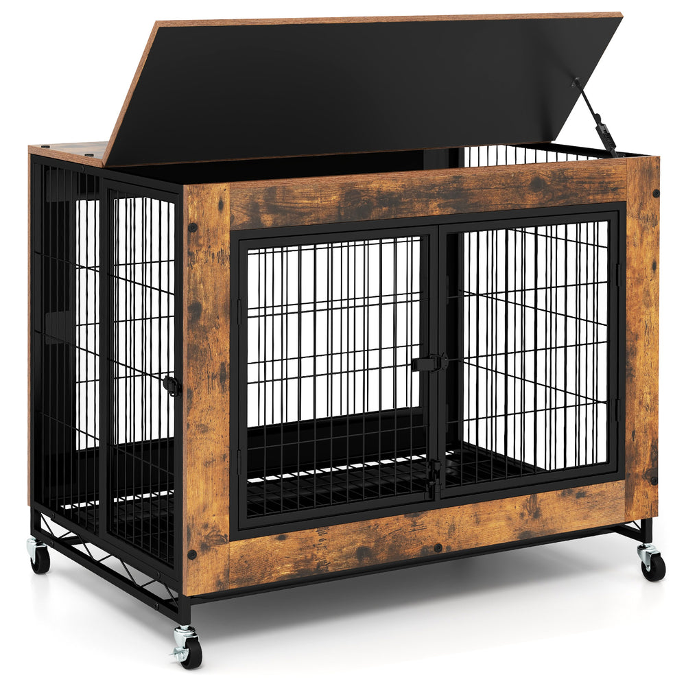 Industrial dog kennel with three lockable doors, showcasing a rustic brown finish and removable tray for convenient.