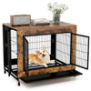Industrial dog kennel in rustic brown with flip-up top, three lockable doors, and removable tray for easy cleaning.