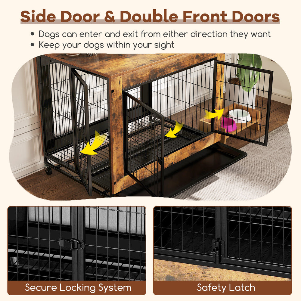 Industrial dog kennel with flip-up top, featuring side door and double front doors for easy access and visibility.