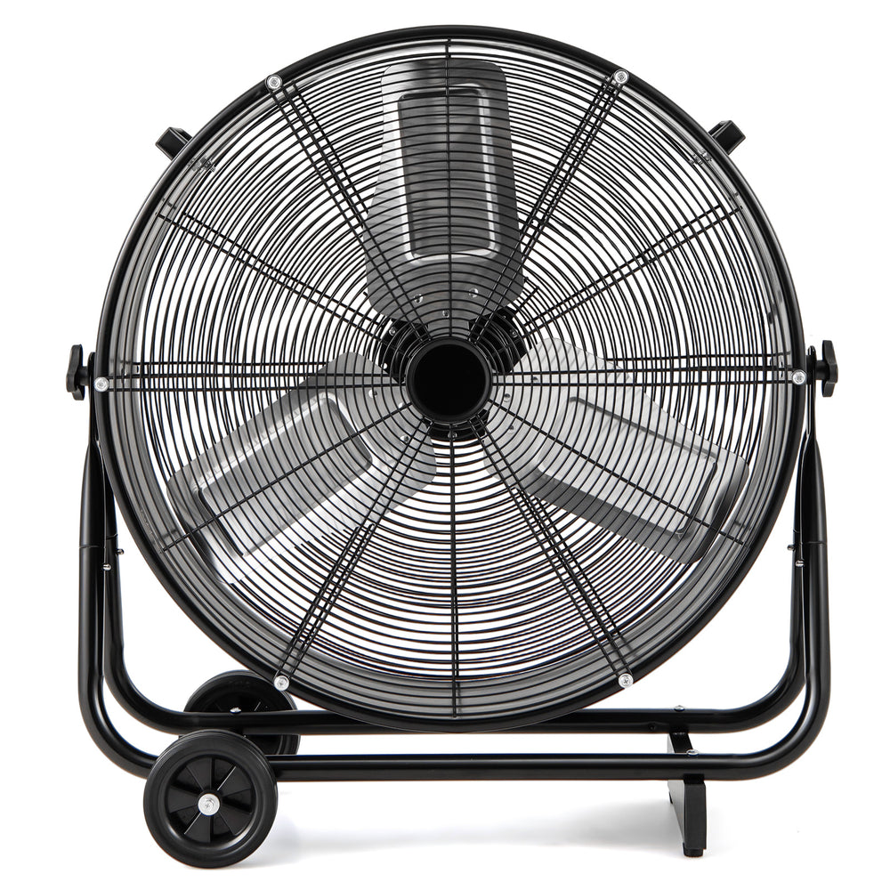 Industrial drum fan in black with 360-degree adjustable tilt, 3 speed options, and 2 wheels for easy mobility.