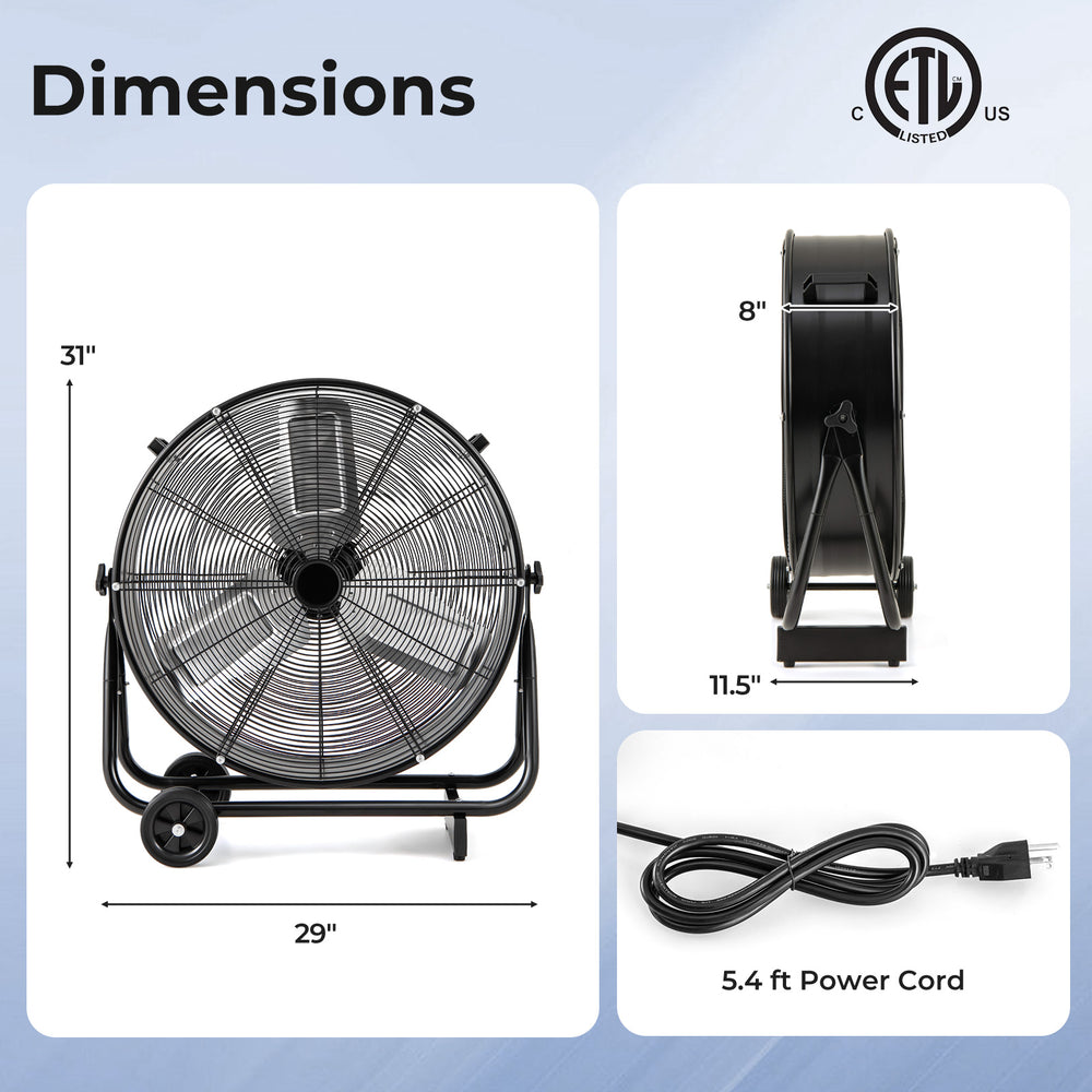 Industrial drum fan with 2 wheels, 360-degree tilt, and heavy-duty metal construction for efficient ventilation.