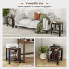 Industrial end table with a black frame and wood top, featuring a lower shelf for storage, perfect for living spaces.
