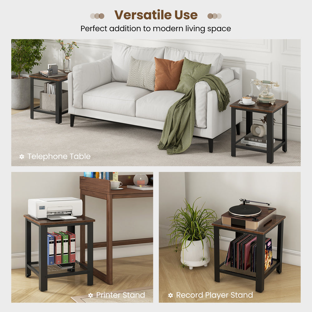 Industrial end table with a black frame and wood top, featuring a lower shelf for storage, perfect for living spaces.