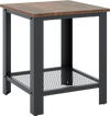 Industrial end table with a solid wood top and steel frame, featuring a netlike lower shelf for additional storage.