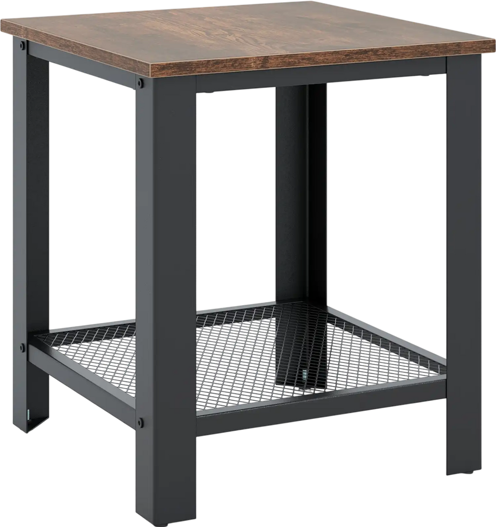 Industrial end table with a solid wood top and steel frame, featuring a netlike lower shelf for additional storage.