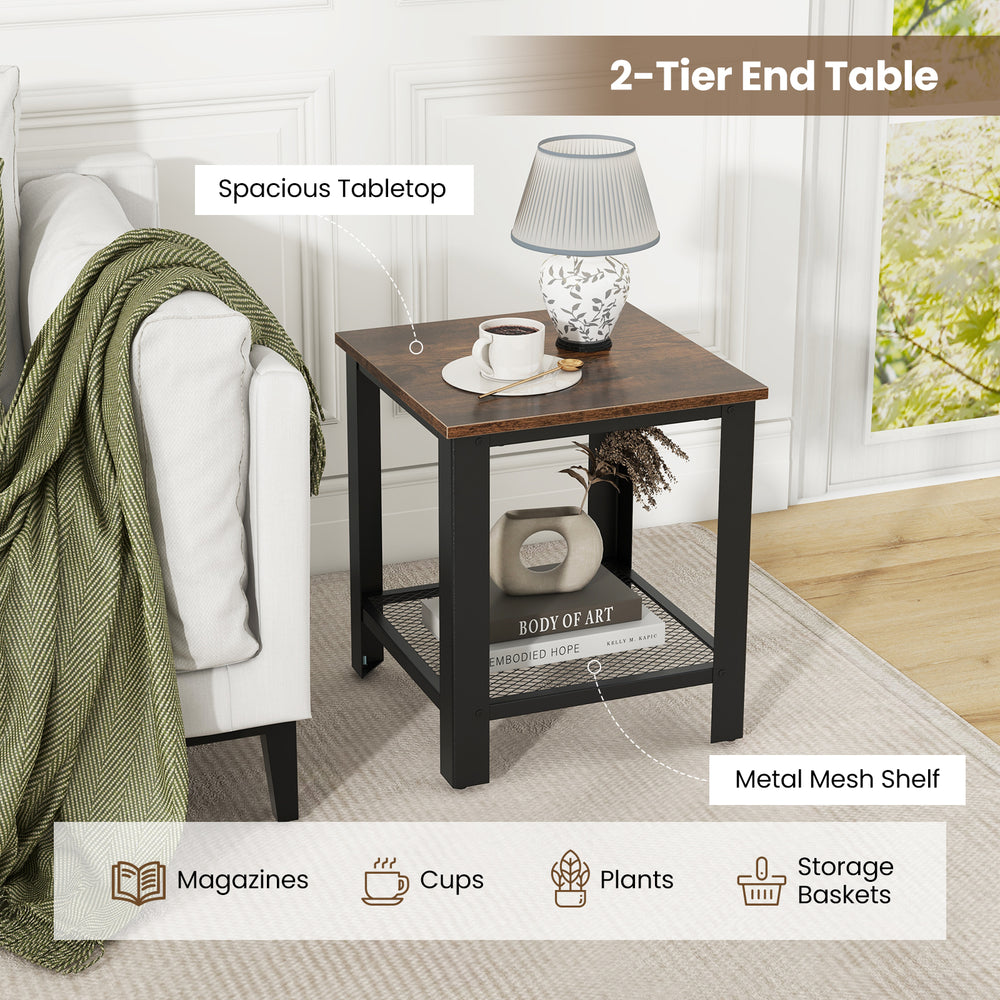 2-tier industrial end table with a spacious wood tabletop and metal mesh shelf, perfect for magazines and plants.