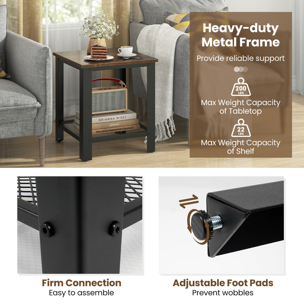 Industrial black end table with a sturdy metal frame, adjustable foot pads, and a netlike lower shelf for extra storage.