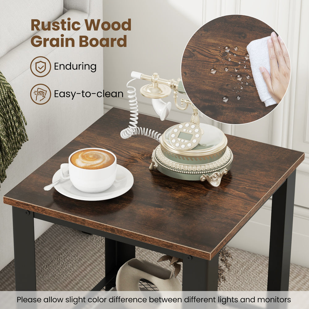 Industrial 2-tier side table with rustic wood grain board, sturdy steel frame, and easy-to-clean surface for versatile.