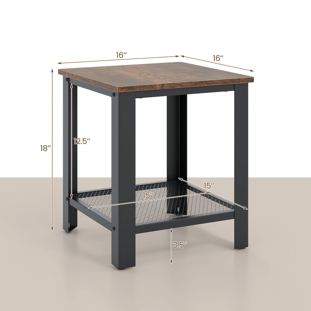 Industrial end table with a solid wood top and black steel frame, featuring a netlike lower shelf for extra storage.