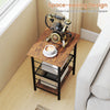Rustic brown 3-tier end table with a thick board and crossbar design, ideal for maximizing storage in any room.