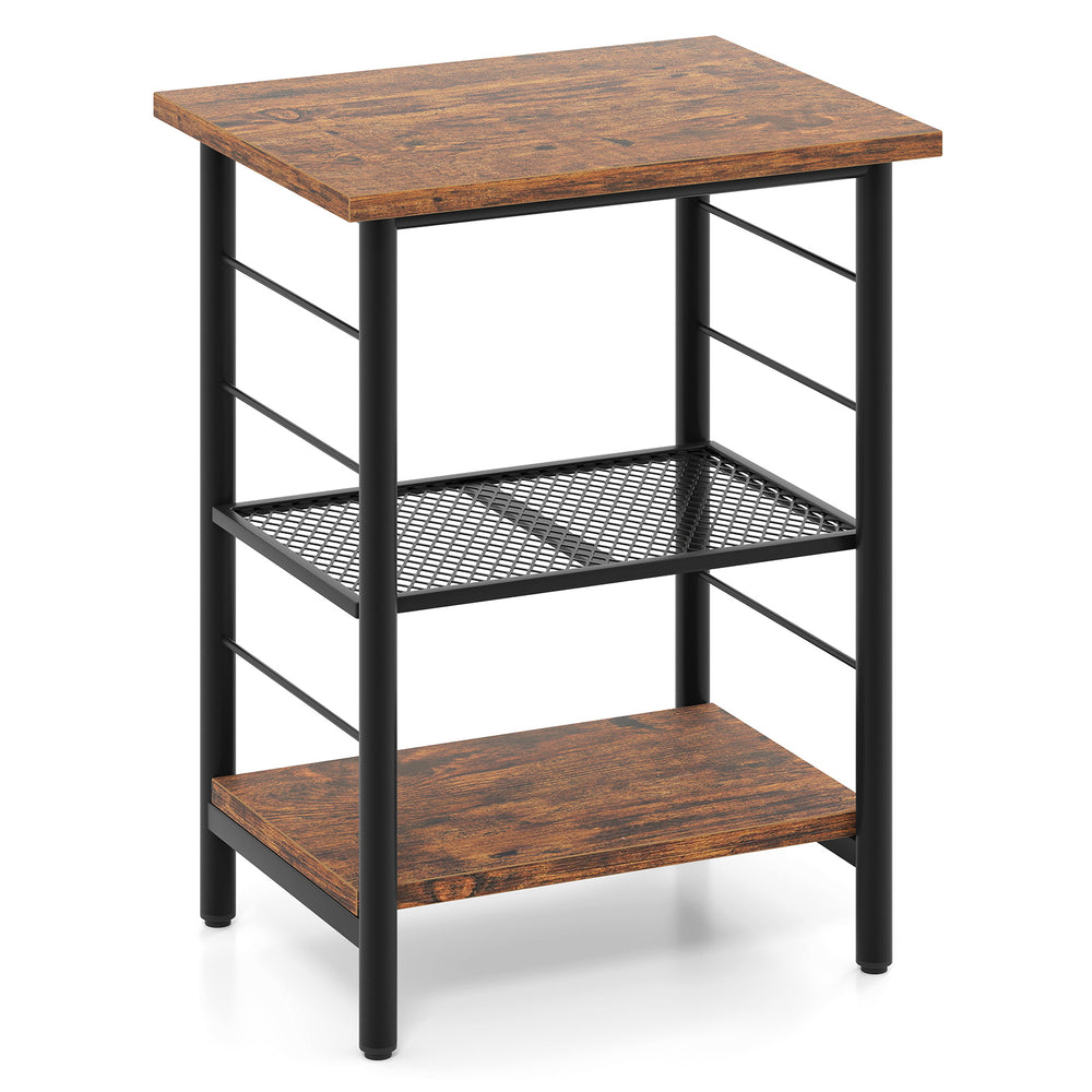 Rustic brown 3-tier end table with adjustable mesh shelves and metal frame, perfect for bedside or living room storage.