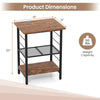 Product dimensions of the rustic brown 3-tier end table, featuring a sturdy metal frame and adjustable mesh shelves for.