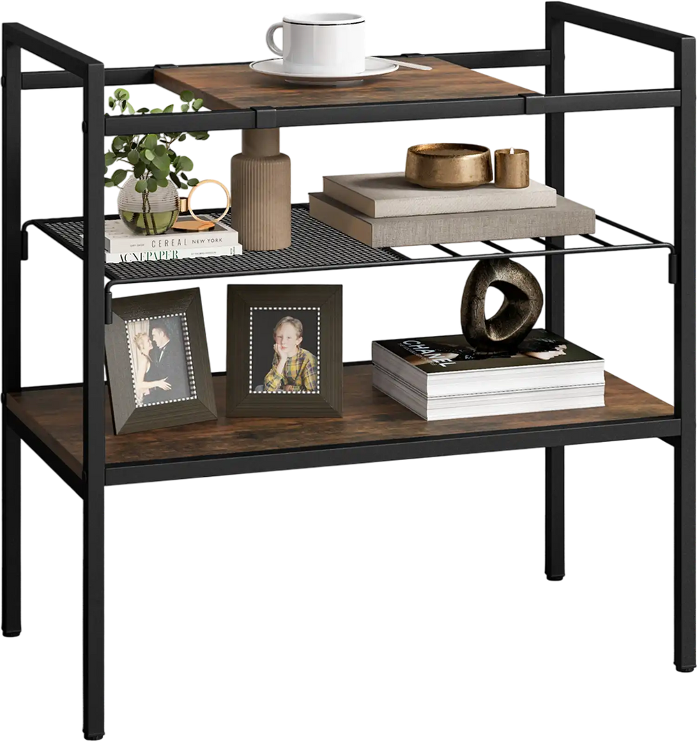 Industrial entryway table with removable panel and mesh shelf, featuring a durable metal frame and stylish design for.
