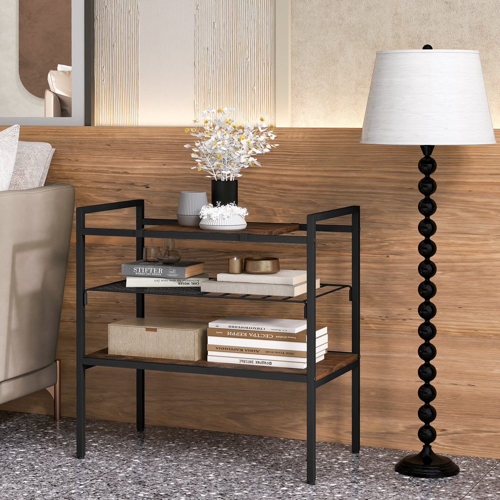 Industrial entryway table with removable panel and mesh shelf, featuring a durable metal frame and multifunctional.