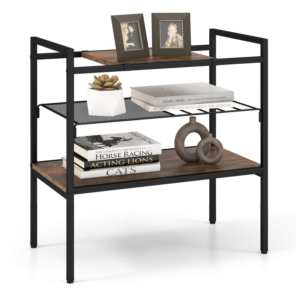Industrial entryway table featuring removable panel, mesh shelf, and durable powder-coated metal frame for versatile.