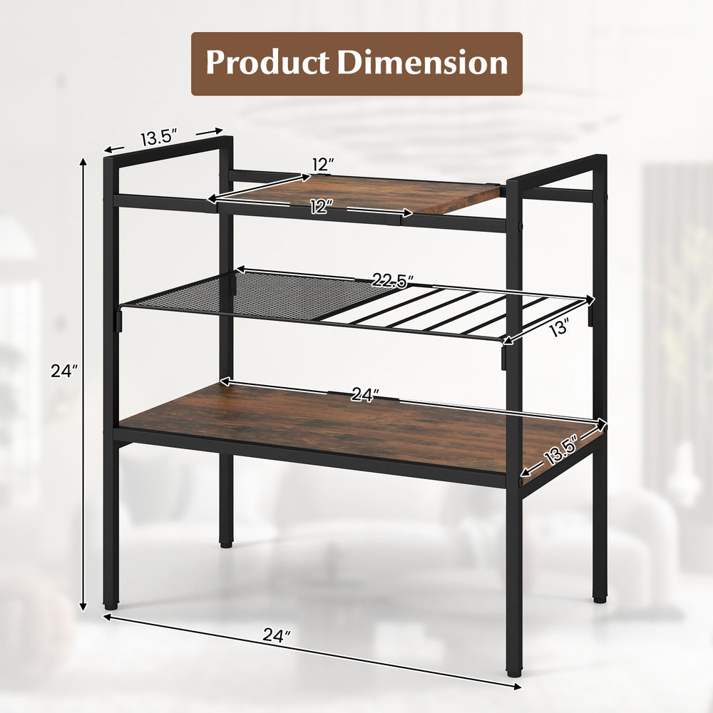 Industrial entryway table dimensions showing removable panel and mesh shelf, designed for versatile home use.