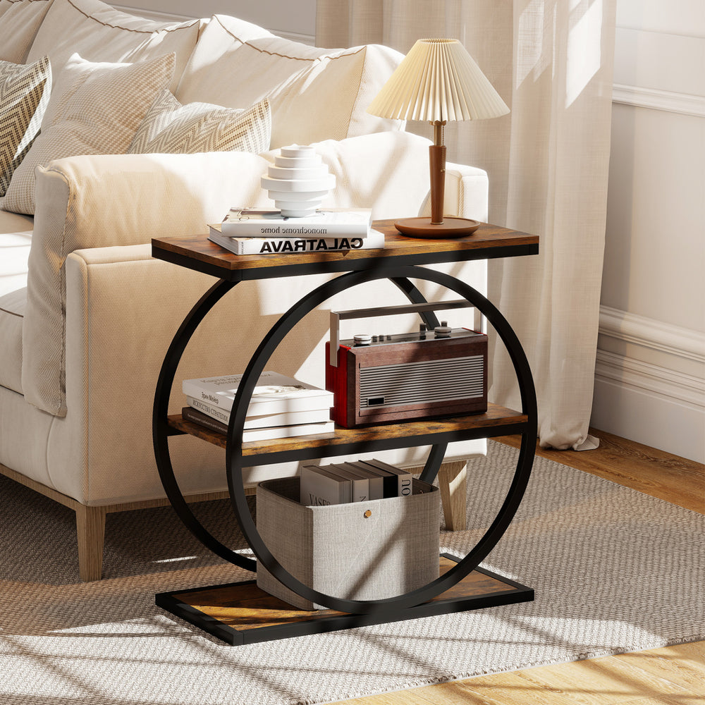 Rustic brown industrial side table with faux marble surface and metal frame, featuring 3-tier storage for small spaces.