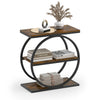 Rustic brown industrial side table with faux marble surface and metal frame, featuring 3-tier storage for versatile use.