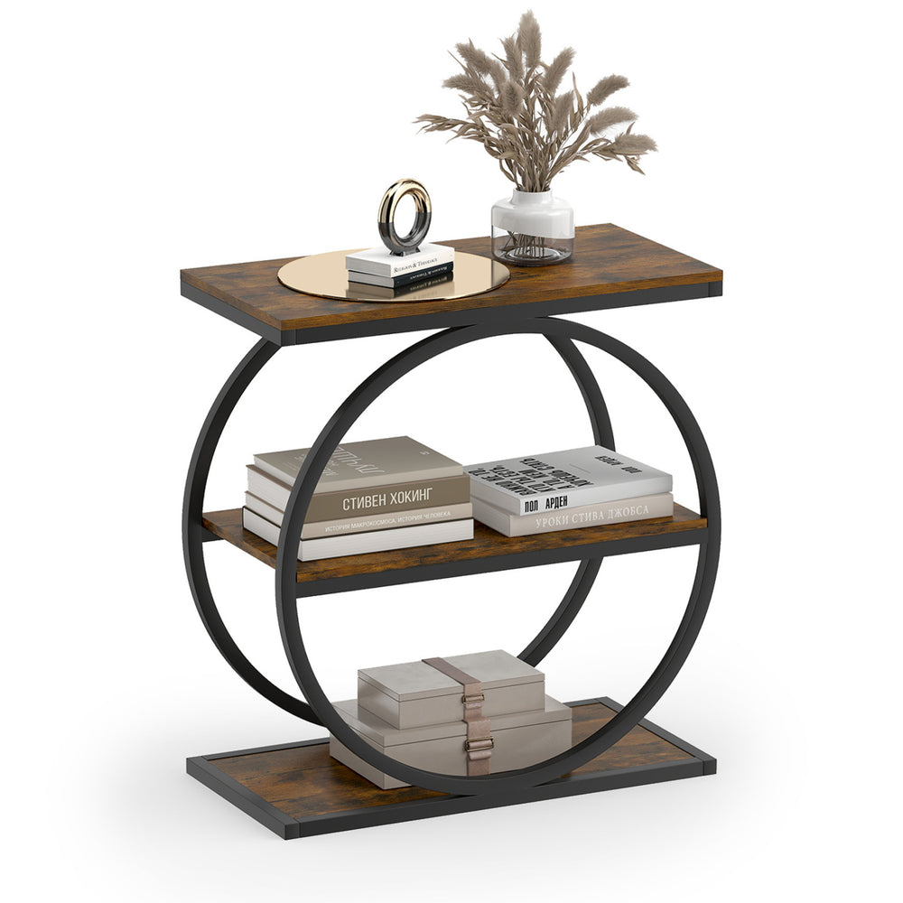 Rustic brown industrial side table with faux marble surface and metal frame, featuring 3-tier storage for versatile use.