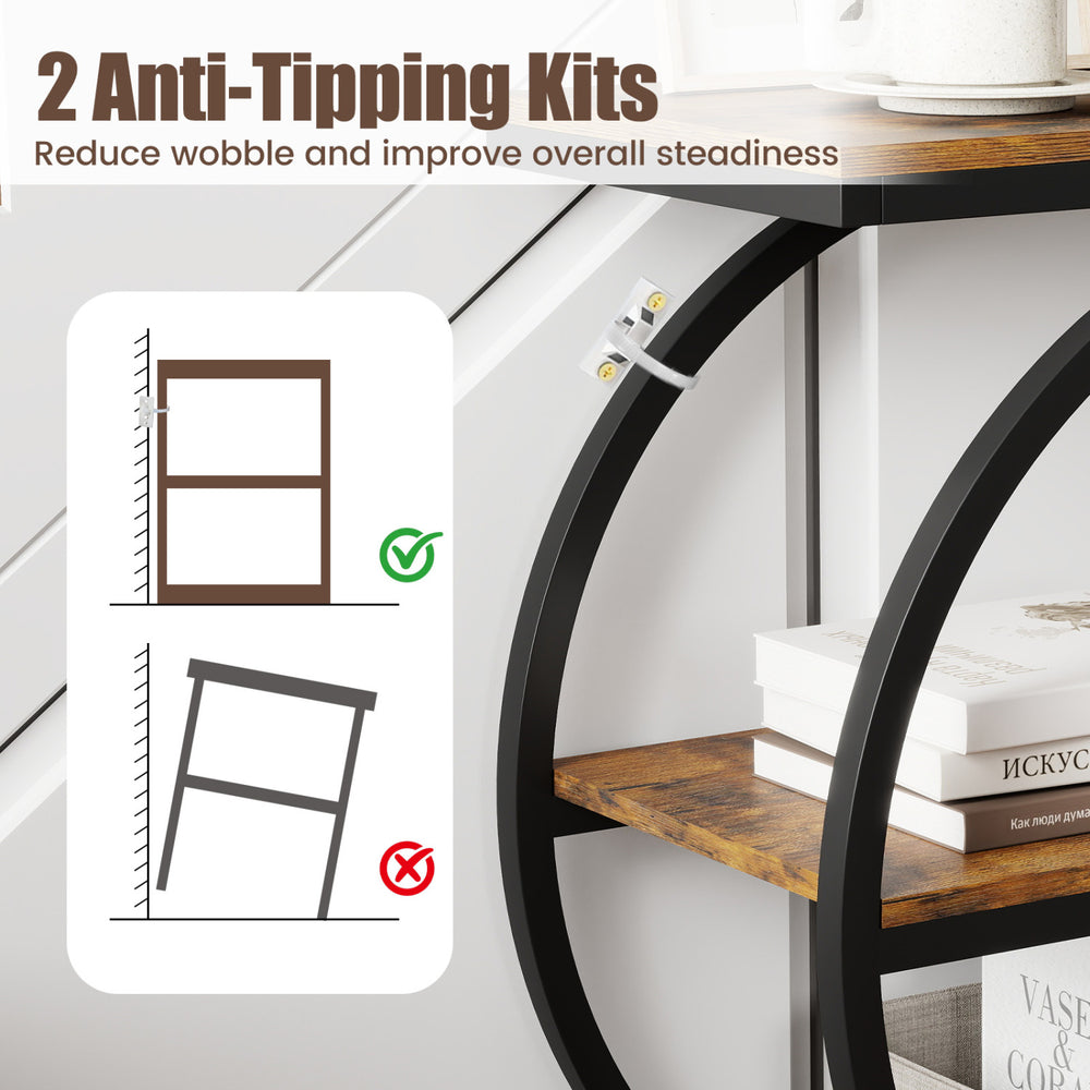 Industrial faux marble side table in rustic brown with metal frame, featuring 3-tier storage and anti-tipping kits for stability.