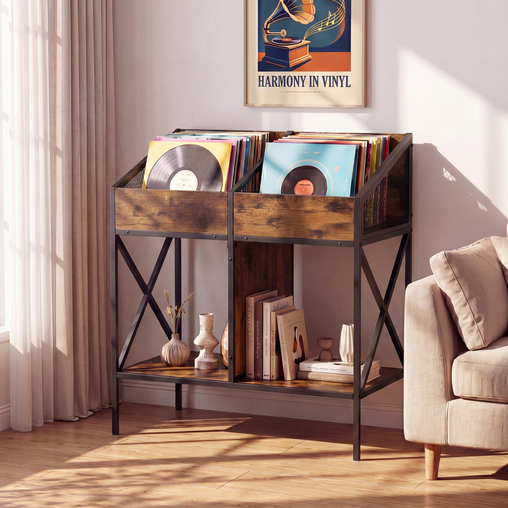 Industrial record holder with metal mesh baffles, featuring a rustic brown finish and designed for displaying vinyl and books.