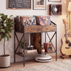 Industrial magazine and record holder in rustic brown with metal frame, designed for vinyl records and books.