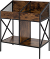 Industrial magazine holder with a rustic brown finish, featuring metal mesh baffles and ample storage for vinyl records and books.