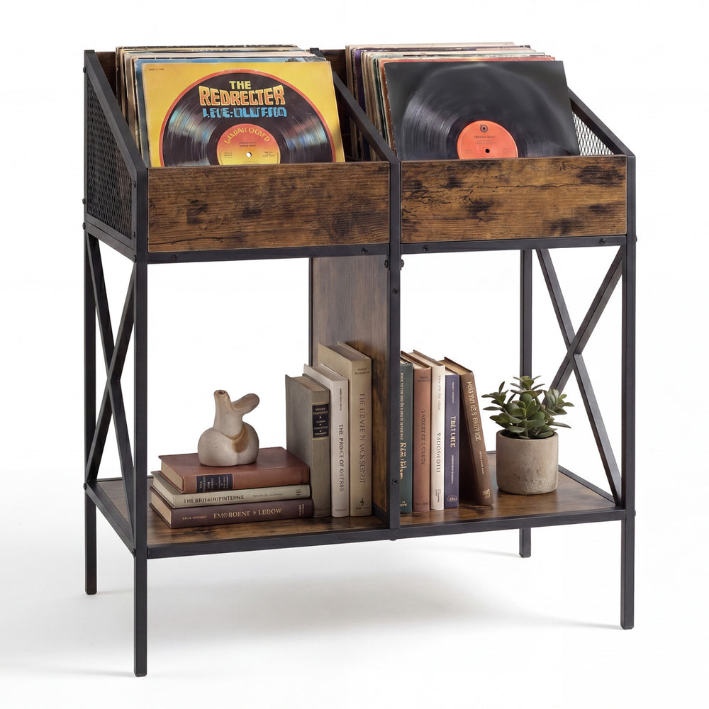 Industrial magazine and record holder in rustic brown, featuring metal frame and ample storage for vinyl records and books.