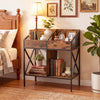 Industrial magazine holder with rustic brown wood finish and metal frame, perfect for displaying books and vinyl records.