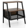 Industrial nightstand featuring a rustic brown finish, 3 tiers, and a metal mesh compartment for stylish storage.