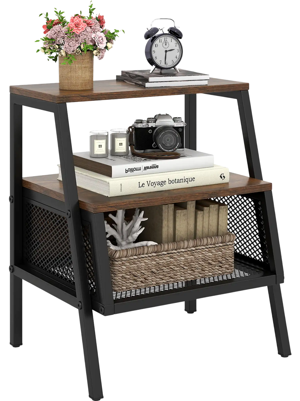 Industrial 3-tier nightstand in rustic brown with metal mesh compartment, perfect for organizing essentials and decor.