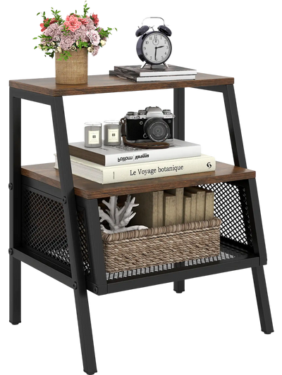Costway Industrial 3-Tier Nightstand End Table w/ 2 Open Shelves & Metal Mesh Compartment 30078158 New