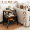 3-tier end table in rustic brown with open shelves and metal mesh compartment for stylish storage and organization.