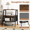 Industrial 3-tier nightstand in rustic brown with metal mesh shelf, perfect for lamps and magazines in any decor.