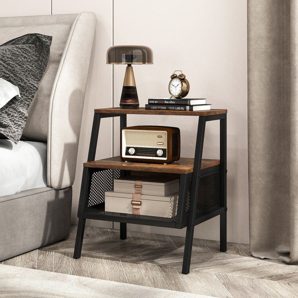 Industrial nightstand with rustic brown wood top, metal mesh shelf, and trapezoidal frame for stylish bedroom storage.