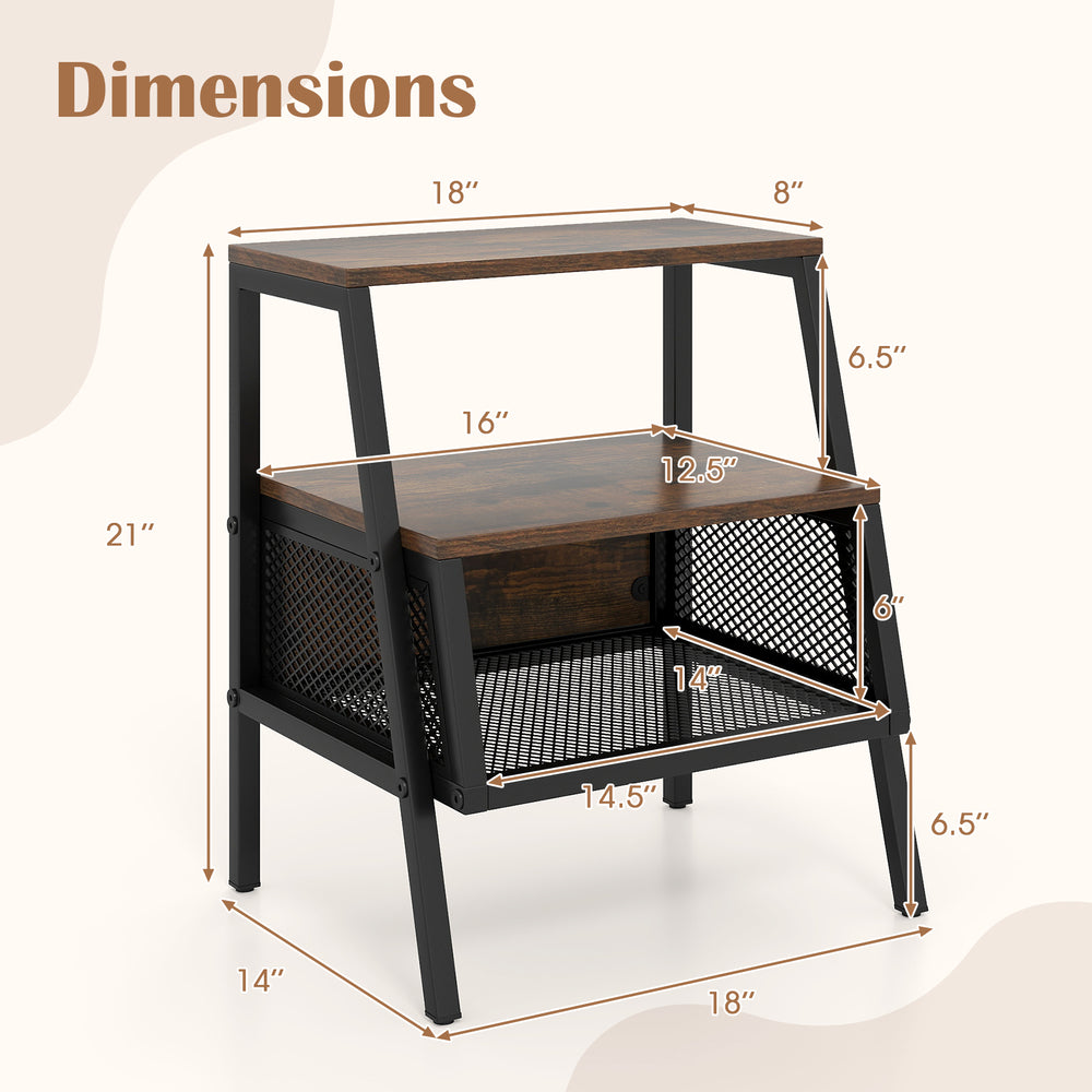 3-tier industrial nightstand in rustic brown with dimensions, featuring open shelves and a metal mesh compartment.