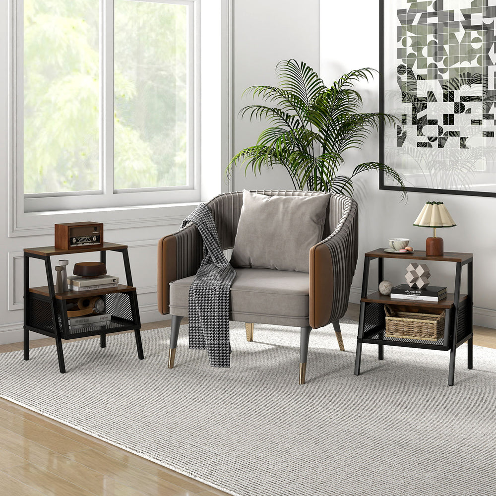3-tier industrial nightstand set in rustic brown with metal mesh shelves, perfect for stylish storage and decor.