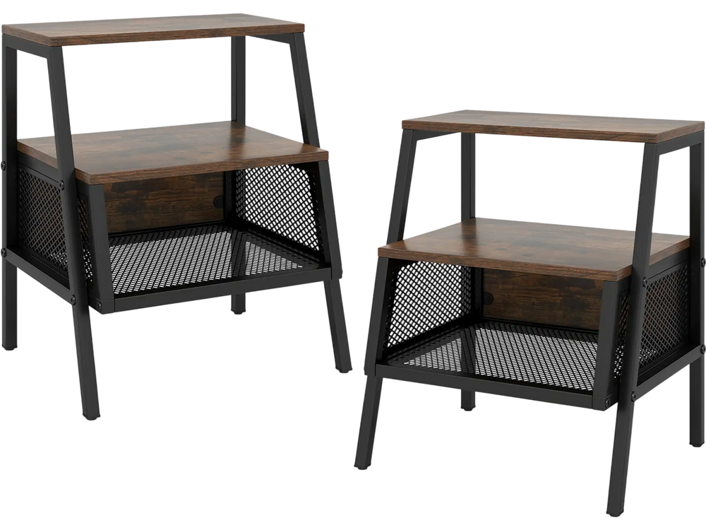 Industrial 3-tier nightstand set of 2 in rustic brown with metal mesh compartments for stylish storage and organization.