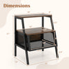 3-tier industrial nightstand with rustic brown finish, metal mesh compartment, and dimensions for versatile storage.